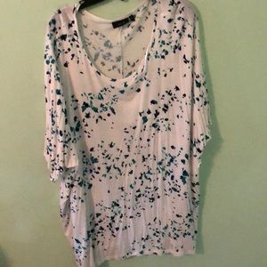 White with blue splatter print shirt